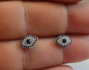 1.5 Ct Blue Sapphire Earrings, 14K White Gold Earrings, Evil Eye Earrings, Pave Set Diamond Earrings, Gift For Women, Diamond Stud Earrings