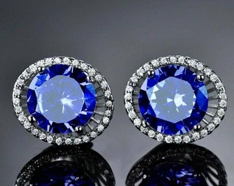 Boucles d'oreilles en or blanc 14 carats, bague diamant saphir bleu rond de 3 carats, boucles d'oreilles halo de diamants, boucles d'oreilles de fiançailles saphir, cadeau d'anniversaire