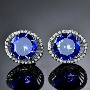 14K White Gold Earrings, 3 Ct Round Blue Sapphire Diamond Ring, Open Halo Diamond Earrings, Sapphire Engagement Earrings, Gift For Birthday image 1