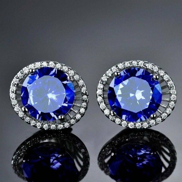 14K White Gold Earrings, 3 Ct Round Blue Sapphire Diamond Ring, Open Halo Diamond Earrings, Sapphire Engagement Earrings, Gift For Birthday