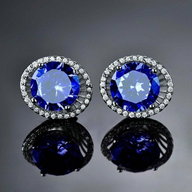 14K White Gold Earrings, 3 Ct Round Blue Sapphire Diamond Ring, Open Halo Diamond Earrings, Sapphire Engagement Earrings, Gift For Birthday image 1