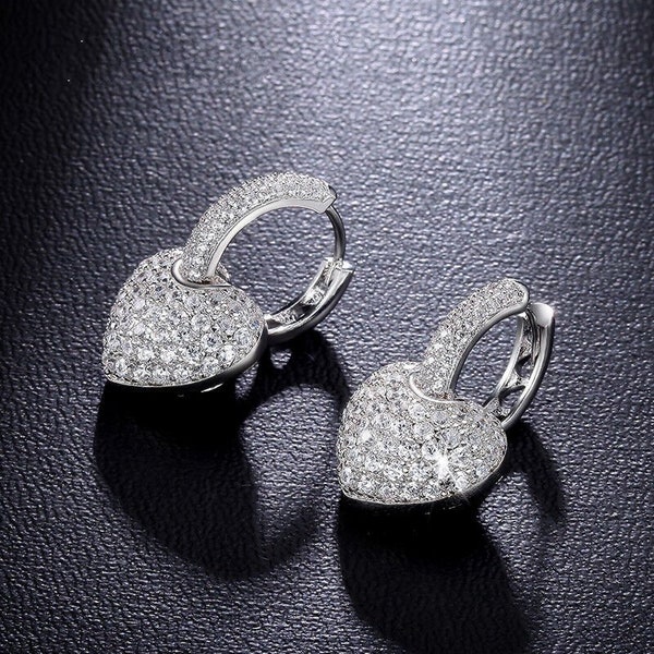 Women's Gift Earrings, Silver Hoop Earrings, Heart Shape Earrings, 14K White Gold, 2Ct Round Cut Diamond, Stylist Jewelry, Fancy Earrings