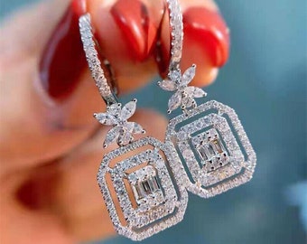 Women's Earrings, Fancy Jewelry, Silver Diamond Earrings, Drop Dangle Earring, 14K White Gold, 2Ct Simulated Diamond, Asscher Shape Earrings