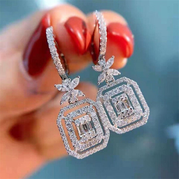 Women's Earrings, Fancy Jewelry, Silver Diamond Earrings, Drop Dangle Earring, 14K White Gold, 2Ct Simulated Diamond, Asscher Shape Earrings