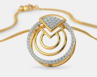Women's Necklace, Stylist Necklace, Fancy Pendant, Simulated Diamond, Circle Shape Necklace, 14K Yellow Gold, 1.7ct Pendant Without Chain