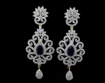 Women's Earrings, Engagement Earrings, Fancy Jewelry, Sapphire Diamond Earring, Drop Dangle Earrings, 14K White Gold, 2Ct Simulated Sapphire