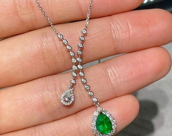 14K White Gold, Pendant With Chain, Women's Wedding Necklace, Emerald Cut Diamond Necklace, Pear Cut Necklace, Stylist Necklace With Diamond