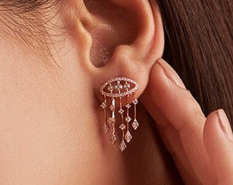 Women's Earrings, Fancy Jewelry, Stylist Diamond Earrings, Drop Dangle Earrings, 14K Rose Gold, 2Ct Simulated Diamond, Engagement Earrings