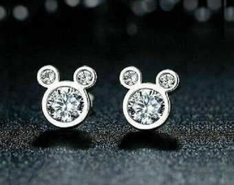 Boucles d'oreilles diamant Mickey Mouse, Boucles d'oreilles diamant rond 2,8 carats, Boucles d'oreilles de fiançailles, Boucles d'oreilles en or blanc 14 carats, Clous d'oreilles, Cadeau pour elle