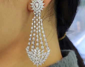 Women's Earrings, Fancy Jewelry, Silver Diamond Earring, Drop Dangle Earring, 14K White Gold, 2Ct Simulated Diamond, Engagement Gift For Her
