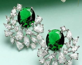 Women's Earrings, Engagement Earring, Stylist Diamond Jewelry, Emerald Diamond Earrings, Stud Earring, 14K White Gold, 3Ct Simulated Emerald
