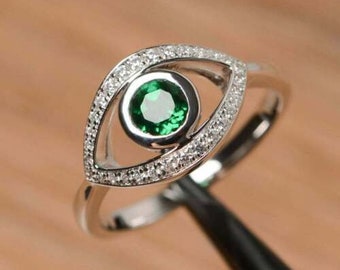 Evil Eye Engagement Ring, 1.2Ct Emerald Diamond Bezel Set Ring, 14K White Gold, Wedding Anniversary Ring, Personalized Ring, Gift For Women