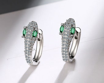 Women's Earrings, Fancy Jewelry, Silver Diamond Earrings, Huggie Hoop Earrings, 14K White Gold, 2Ct Simulated Emerald, Snake Shape Earrings