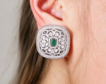 Women's Earrings, Stylist Jewelry, Emerald Diamond Earrings, Stud Earrings, 14K White Gold, 2Ct Simulated Diamond, Cocktail Diamond Earrings