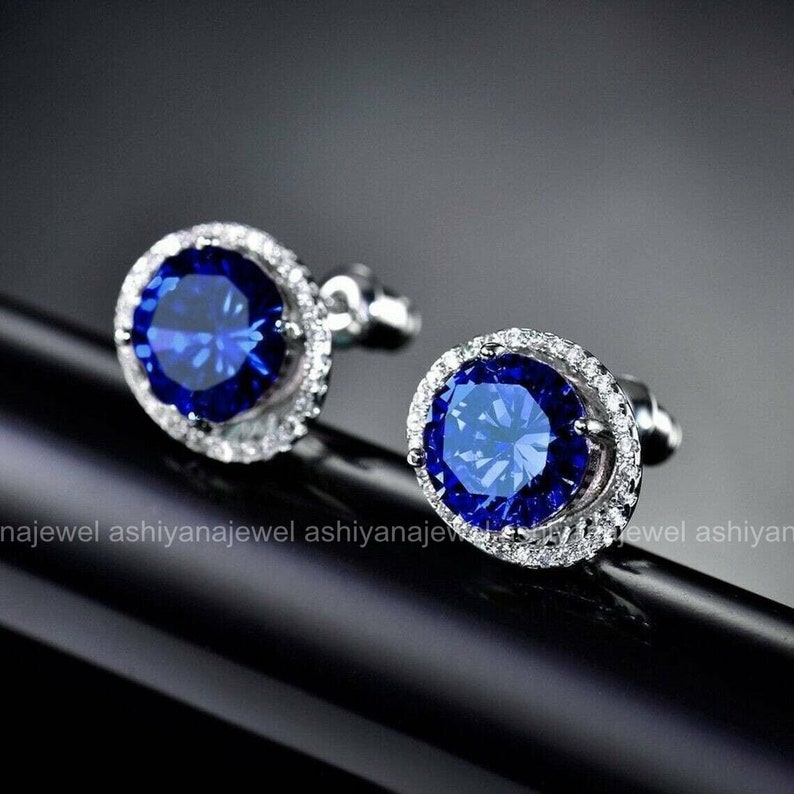 14K White Gold Earrings, 3 Ct Round Blue Sapphire Diamond Ring, Open Halo Diamond Earrings, Sapphire Engagement Earrings, Gift For Birthday image 2