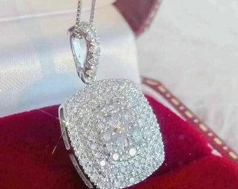 Pave Set Diamond Pendant, 2.5 Ct Round Diamond Pendant, Cluster Pendant, 14K White Gold, Anniversary Gift For Wife, Pendant Without Chain