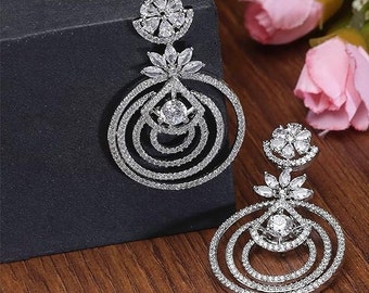 Women's Earrings, Engagement Earrings, Fancy Jewelry, Silver Diamond Earrings, Drop Dangle Earrings, 14K White Gold, 2Ct Simulated Diamond