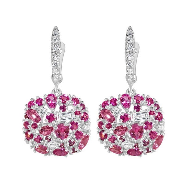 Cadeau femme boucles d'oreilles pour elle, boucles d'oreilles diamant rubis, pendants d'oreilles, boucle d'oreille en or blanc 14 carats, diamant taille ronde 2 carats, bijoux de styliste