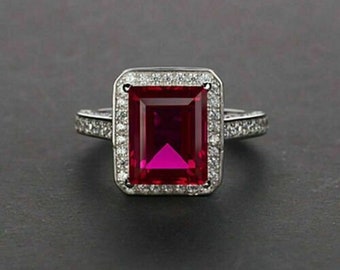 Anillo de rubí esmeralda de 2 quilates, anillo de oro blanco de 14 quilates, anillo de compromiso, anillo de halo de diamantes, regalo para ella, anillo de aniversario de boda, regalo personalizado