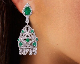 Women's Earrings, Engagement Earrings, Fancy Jewelry, Emerald Diamond Earrings, Drop Dangle Earrings, 14K White Gold, 2Ct Simulated Emerald
