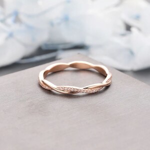 Classy Women's Twisted Wedding Band, 14K Rose Gold Plated, 1 Ct Round Cut Diamond, Minimalist Stacking Engagement Ring, Personalized Gifts image 2