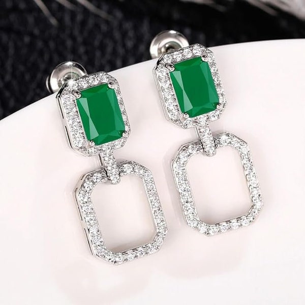 Women's Gift Earrings, Emerald Diamond Earrings, Drop Dangle Earrings, 14K White Gold , 3Ct Princess Cut Diamond, Stylist Silver Jewelry