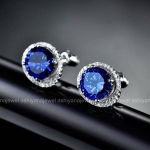 14K White Gold Earrings, 3 Ct Round Blue Sapphire Diamond Ring, Open Halo Diamond Earrings, Sapphire Engagement Earrings, Gift For Birthday image 3