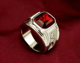 Bezel Set Ring, Engagement Ring, Men's Wedding Ring, 1.5 Ct Cushion Cut Garnet Ring, 14K White Gold Ring, Gift For Men, Personalized Jewelry