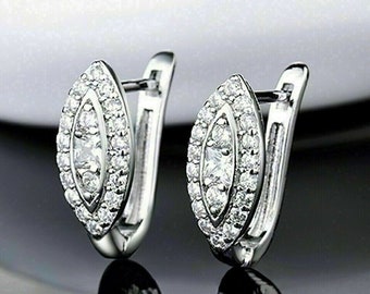 Women's Earrings, Engagement Jewelry, Silver Diamond Earrings, Huggie Diamond Earrings, 14K White Gold, 2Ct Round Cut Diamond, Fancy Earring