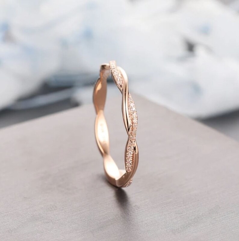 Classy Women's Twisted Wedding Band, 14K Rose Gold Plated, 1 Ct Round Cut Diamond, Minimalist Stacking Engagement Ring, Personalized Gifts image 3