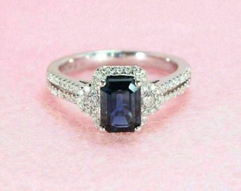 Emerald Cut 2.01 Ct Sapphire Ring, 14K White Gold Ring, Halo Diamond Ring, Engagement Ring, Gift For Her, Anniversary Gift, Handmade Jewelry