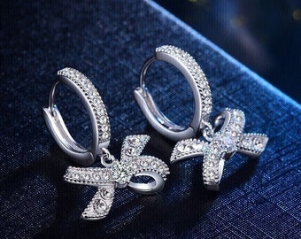 Women's Earrings, Fancy Jewelry, Bow Tie Diamond Earrings, Drop Dangle Earrings, 14K White Gold, 2Ct Simulated Diamond, Engagement Earrings