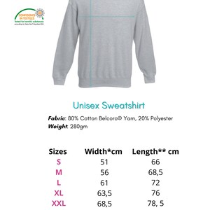 K&ouml;nnte beinhalten: Ein hellgraues Unisex-Sweatshirt mit langen &Auml;rmeln. Das Bild enth&auml;lt das Fruit of the Loom-Logo und den Text "Unisex Sweatshirt". Der Stoff besteht aus 80 % Baumwolle und 20 % Polyester. Die Gr&ouml;&szlig;en reichen von S bis XXL, mit Breiten von 51 cm bis 68,5 cm.
