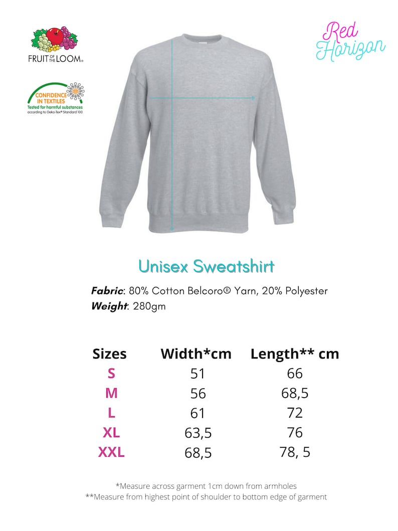 K&ouml;nnte beinhalten: Ein hellgraues Unisex-Sweatshirt mit langen &Auml;rmeln. Das Bild enth&auml;lt das Fruit of the Loom-Logo und den Text "Unisex Sweatshirt". Der Stoff besteht aus 80 % Baumwolle und 20 % Polyester. Die Gr&ouml;&szlig;en reichen von S bis XXL, mit Breiten von 51 cm bis 68,5 cm.