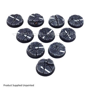 May include: Ten miniature, circular bases with a cracked asphalt texture. Each base has a white stripe, like a road marking. The bases are unpainted and ready for customisation. The text "Product Supplied Unpainted" is at the bottom.
