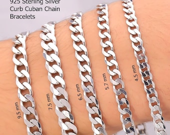 Pode incluir: Cinco pulseiras de corrente cubana em prata de lei 925 de várias larguras. O texto diz 925 Sterling Silver Curb Cuban Chain Bracelets, com etiquetas indicando larguras de 9,5 mm, 7,5 mm, 6,5 mm, 5,7 mm e 4,5 mm para cada corrente.