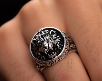 925 Sterling Silver Lion Ring Men, African Wild Animal Lion Statement Oxidized Ring Jewelry, Birthday Anniversary Gifts Dad Him Husband Son