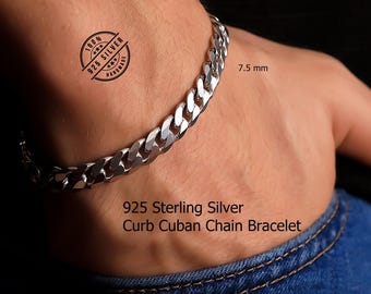 925 Sterling Silver Cuban Chain Bracelet Men, Curb Solid Thick Long Heavy Charm Anklet Chain Women, Birthday Gifts Jewelry Her Him Wife Dad