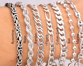 925 Sterling Silver Chain Bracelet Women Men, Byzantine, Cable, Figaro, Curb, Rambo, Foxtail, Cuban, Rope, Ball Chain, Birthday Gift Her Him