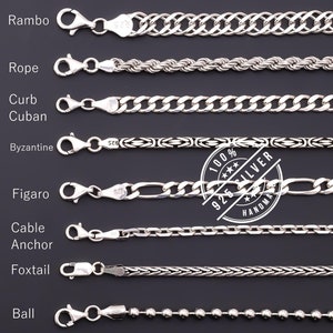 925 Sterling Silver Chain Necklace Men, Viking Byzantine, Cuban, Foxtail, Cable Anchor, Rope, Figaro, Rambo, Ball Mariner Choker Chain Women