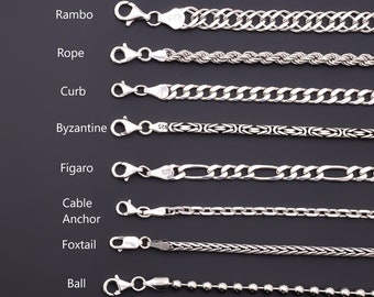 Collar de cadena de plata de ley 925 mujeres hombres, bizantino, cable, fígaro, bordillo, rambo, cola de zorra, cubano, cuerda, cadena de bolas, regalo de cumpleaños para ella