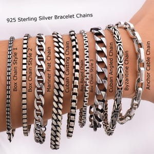 May include: A collection of 925 sterling silver bracelet chains labelled as Box Chain Style 1, Box Chain Style 2, Mariner Flat Chain, Cuban Casting Chain, Box Round Chain, Box Chain Style 3, Cuban Angled Chain, Byzantine Chain, and Anchor Cable Chain.