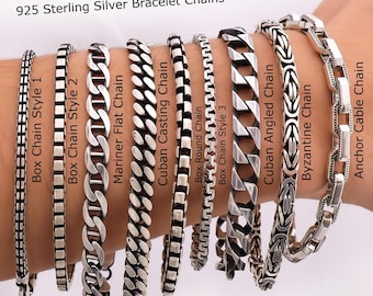 925 Sterling Silver Chain Bracelet Men, Cable Anchor, Cuban
