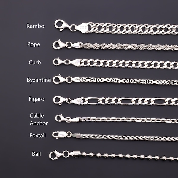 Collar de cadena de plata de ley 925 mujeres hombres, bizantino, cable, fígaro, bordillo, rambo, cola de zorra, cubano, cuerda, cadena de bolas, regalo de cumpleaños para ella