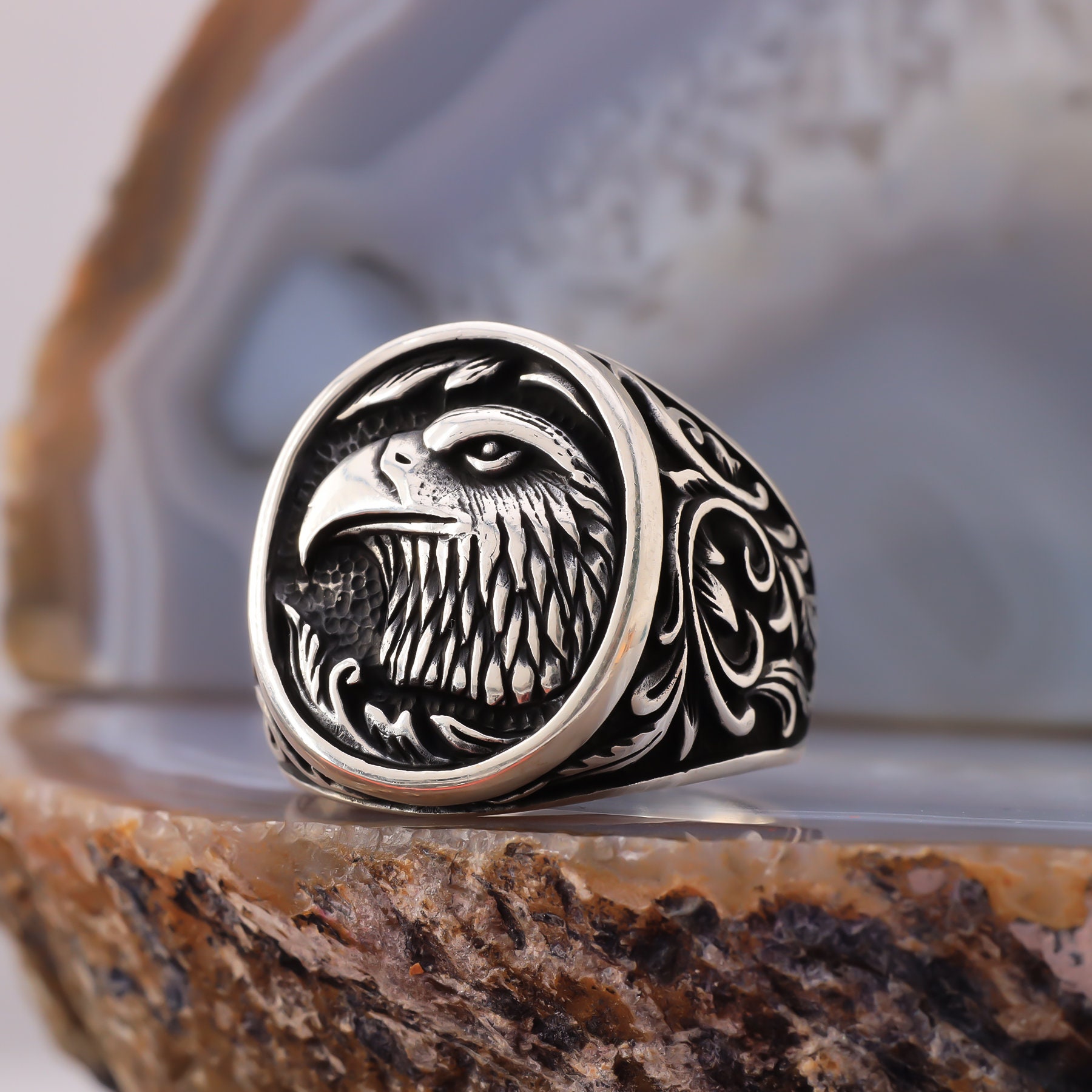 925 Sterling Silver Eagle Head Ring Men, African Wild Bird