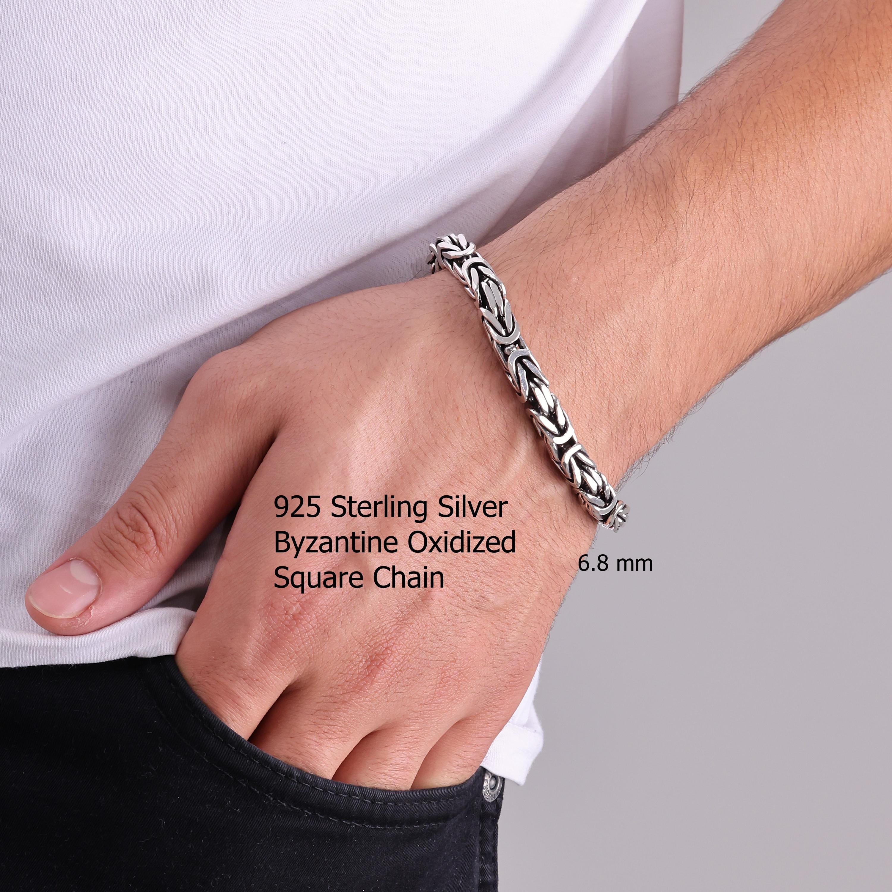 925 Sterling Silver Byzantine Oxidized Chain Bracelet Men, Viking