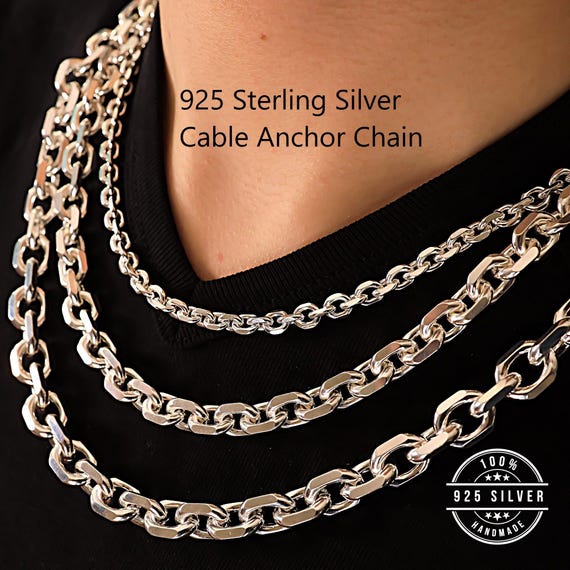 925 Sterling Silver Cable Chain Necklace Men, Anchor Thick Long