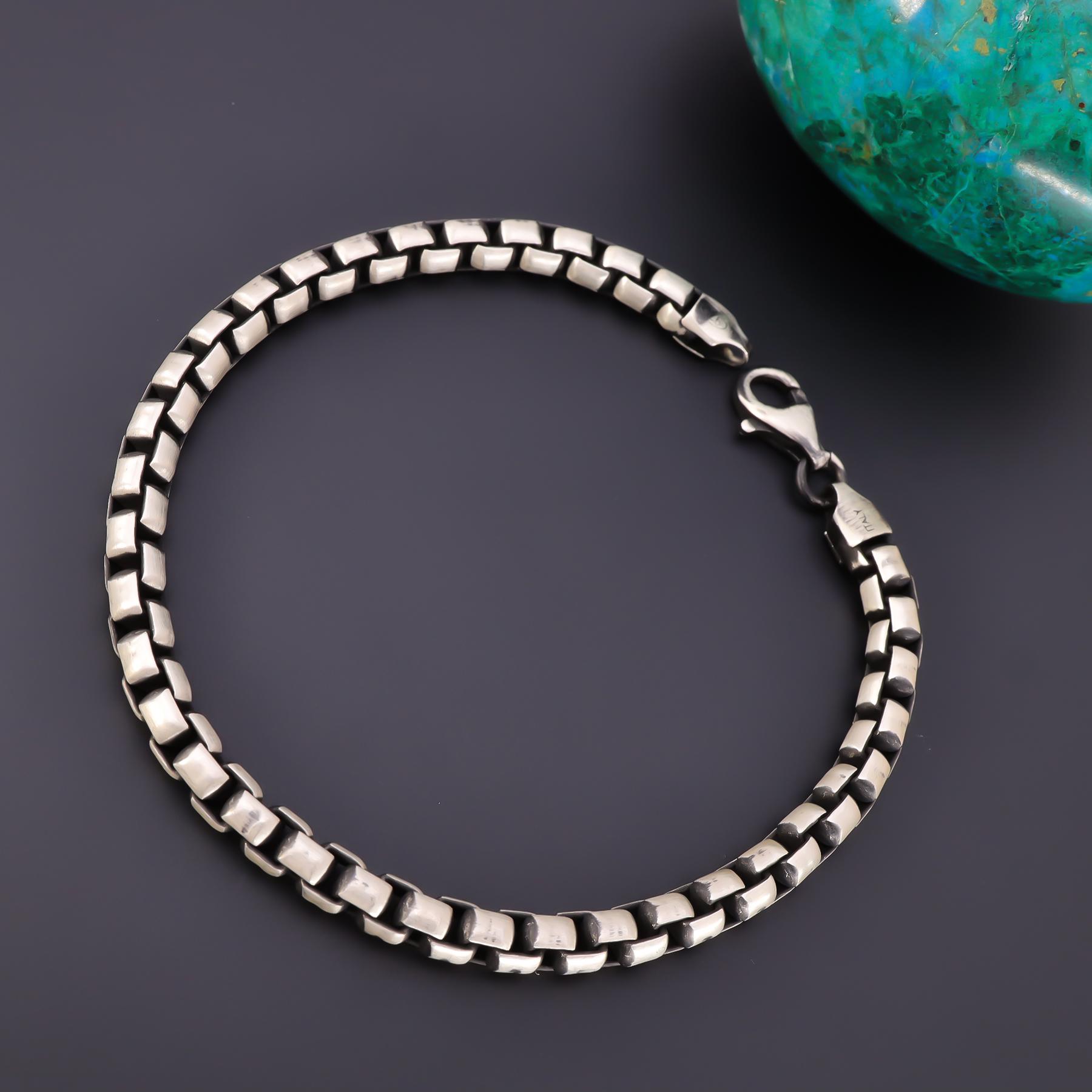925 Sterling Silver Box Chain Bracelet Men, Italian Round Box Long