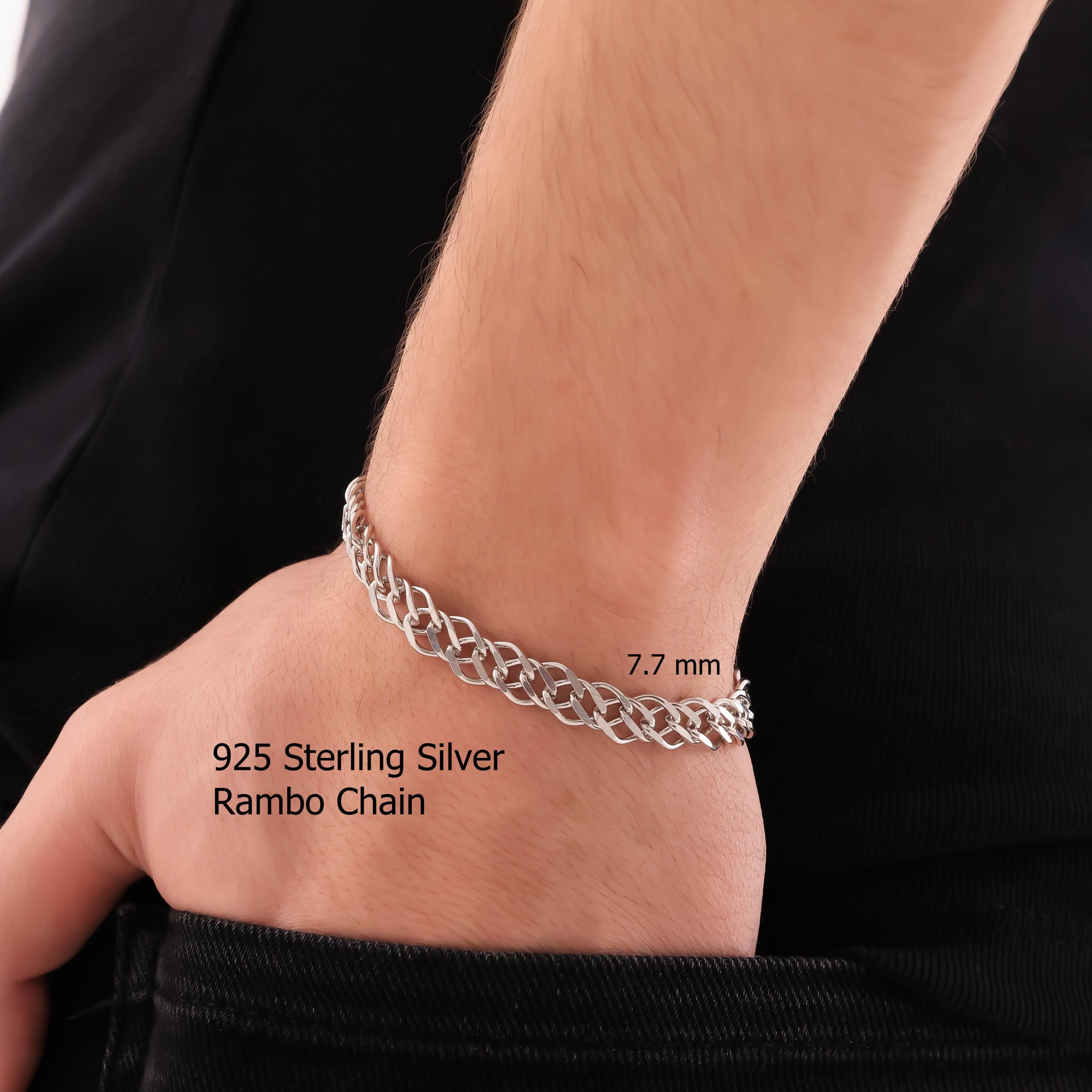925 Sterling Silver Rambo Chain Bracelet Men, Double Curb Solid