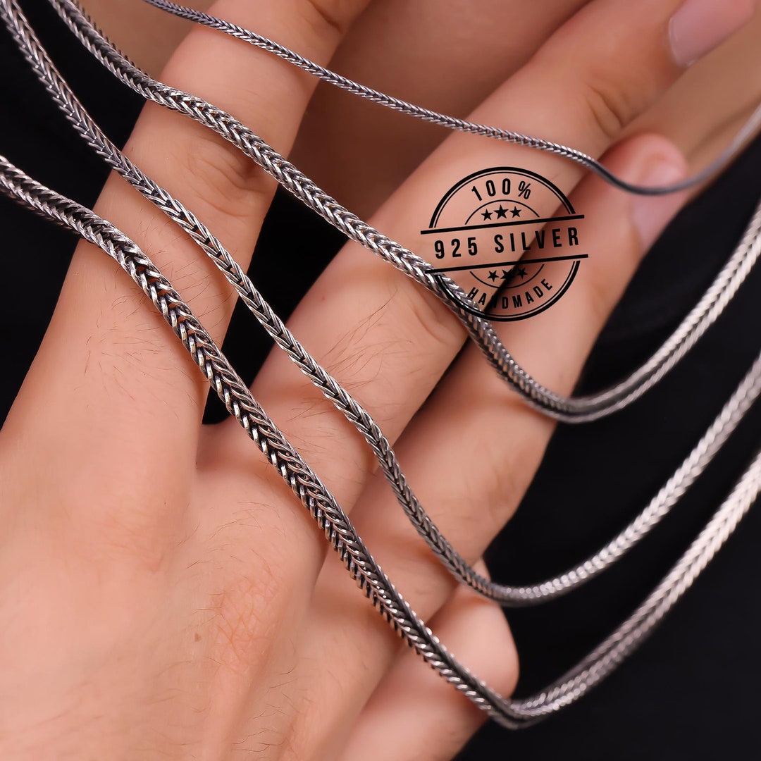 925 Sterling Silver Foxtail Chain Necklace Men, Wheat Bali Oxidized Long Pendant Charm Chain ...